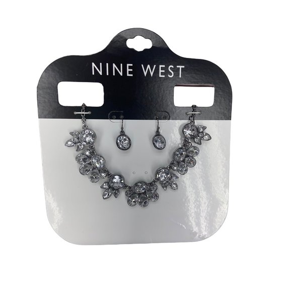Nine West White‎ Rhinestone Necklace Set Silver Tone Fish Hook Earrings Prom - Picture 1 of 5